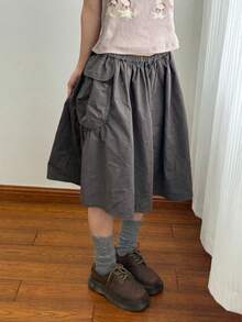 Vintage Japanese Style Workwear Large Pocket Elastic Waist Skirt - Grey - View 1