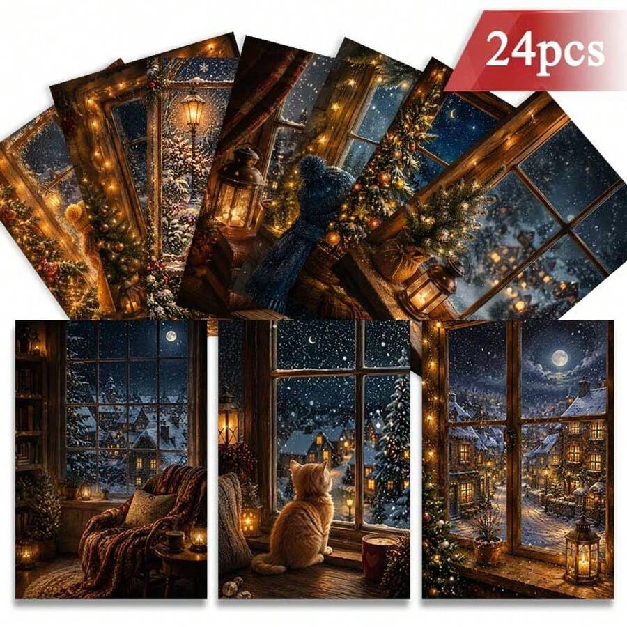 24-Pack+A Red Envelope Cozy Winter Holiday Postcard Featuring Snowy Window Views With Warm Lights And Festive Scenes Saying Season Greetings For Friends And Family Winter Art