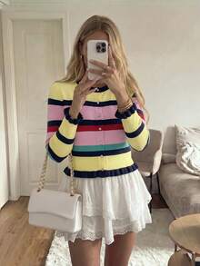 Autumn Y2K Women's Multi-Color Striped Front Button Cardigan, Preppy Casual Street Style Daily Outerwear, Minimalist Fashion Autumn Outfit - Multicolor - View 4