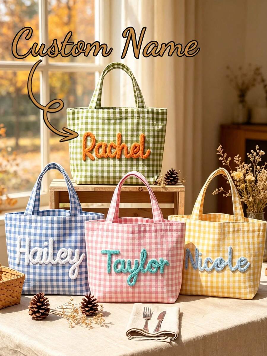 Personalized Gingham Tote Bag,Custom Name Canvas Bag,Bridesmaid Gift Bag, Gift For Her - Multicolor - View 1