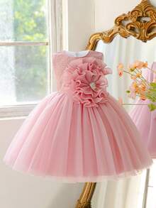 Gaun Malam Elegan Model Putri dengan Kerah Bulat dan Bordir Bunga 3D dari Jala untuk Anak Perempuan, Cocok untuk Pesta Ulang Tahun, Bando Tidak Termasuk - Dusty Pink - View 4