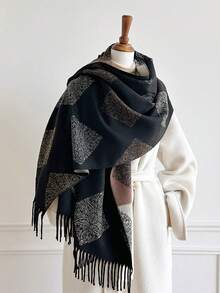 1pc Paisley Square Jacquard Tasseled Thick Scarf 65*195cm, Polyester Core‑Spun Yarn, Fall Winter Shawl For Travel Party Outing, Wear As Scarf Shawl - Multicolor - View 7