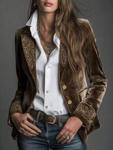 New Solid Color Velvet Lapel Embroidered Metal Button Waist-Cinching Vintage Jacket - Grey-brown - View 1