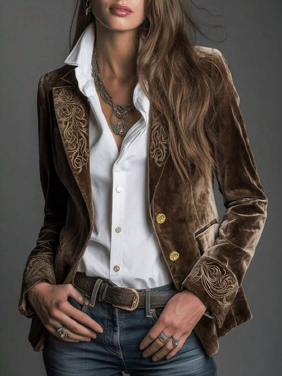 New Solid Color Velvet Lapel Embroidered Metal Button Waist-Cinching Vintage Jacket - Grey-brown - View 1