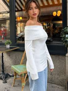 ALA Top Feminina Nova de Outono Estilo Francês Vintage Pure Desire Y2K Ombro a Ombro Dobrado Ajuste Slim Ombro Exposto Tricô Canelado Vertical Texturizado Branco Manga Longa, Casual Minimalista Elegante para Trabalho, Adequada para Passeios Diários, Festivais de Música, Volta às Aulas, Uso no Escritório, Cerimônias de Formatura, Festas, Encontros, Looks de Férias - Branco - Visão 5