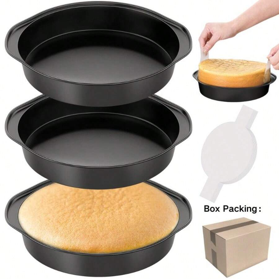Set Loyang Kue Bulat, Loyang Kue Anti Lengket dari Baja Karbon dengan Pegangan, Termasuk Kertas Perkamen, Aman untuk Mesin Pencuci Piring