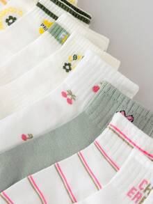 5/10 Pairs Random Women's Cherry Blossom Striped Print Socks, Soft Cute Sweet Casual Socks, Suitable For Daily Wear And Sports - Multicolor - View 5