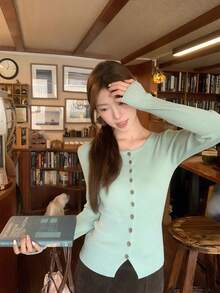Korean Style Pretty Long Sleeve Knit Sweater Women Autumn Slim Fit Inner Layer Cardigan Top - Green - View 2