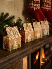 10/20pcs Christmas House Shaped Gift Boxes With Rope, Gingerbread House Paper Party Favor Boxes, Holiday Home Decor Gift Containers, Winter New Year Gifts, Christmas Tree Decorations - Christmas Kraft Paper Gift Box - View 4