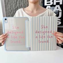 1件淺藍色與米色條紋「She Designed The Life She Loved」字母印花平板保護殼，附筆槽，多角度磁吸支架，支援自動休眠/喚醒，適用於 iPad PRO/AIR、Pad 5/6/7、MatePad - 彩色 - 查看 3