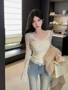 Women's Lace Blouse Inner Layer Long Sleeve Top, Autumn - Apricot - View 8