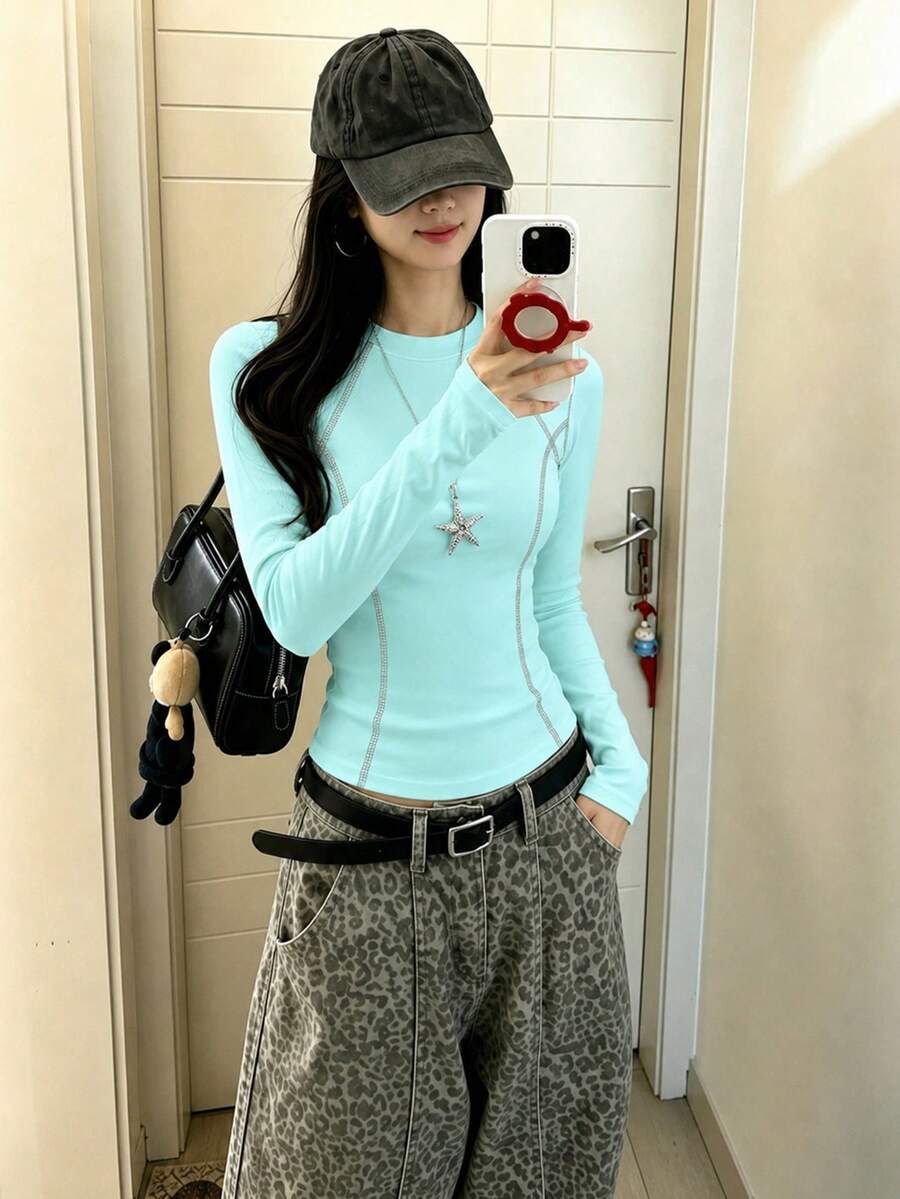 Niche Unique Design Square Shoulder Long Sleeve T-Shirt For Women, Hot Girl Solid Color Autumn Inner Layer Mint Green Y2K Top - Mint Green - View 1