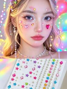 1 Set Of Rainbow-Colored Heart, Star, And Pearl Face Stickers With Rhinestone Removal Tweezers. Y2K Sexy Girl Colorful Rhinestone Self-Adhesive Face Stickers. Suitable For Music Festivals, Electronic Music Festivals, Birthday Parties, And Creating A Festive Atmosphere. Rhinestone Colors Are Random. - Multicolor - View 5