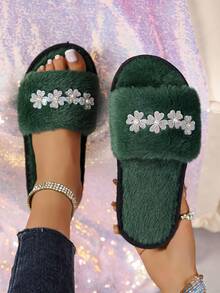 Women Slip On Cow Decor Closed Toe Backless Mule Slippers - Green - View 1