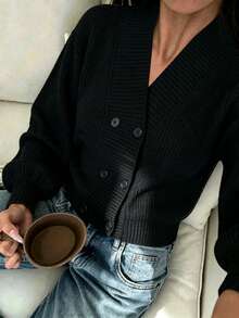 Autumn/Winter Design Stand Collar Button Front Cardigan, Elegant Casual Style Lantern Sleeve Loose Fit Versatile Knit Sweater Jacket - Black - View 7