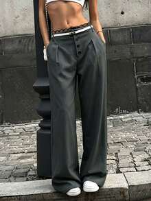 Women's Solid Color Elegant Commute Minimalist Fashion Metal Buckle High Waist Straight Leg Pants, Suitable For Daily Outings, Dates, Office Commute And Various Occasions - Black - View 1