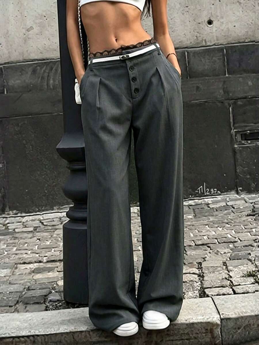 Women's Solid Color Elegant Commute Minimalist Fashion Metal Buckle High Waist Straight Leg Pants, Suitable For Daily Outings, Dates, Office Commute And Various Occasions - Black - View 1