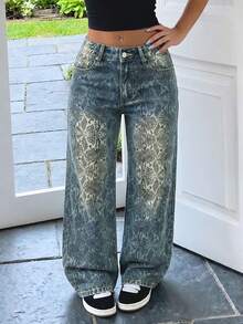 Celana Jeans Wanita Model Vintage Motif Ular Seluruh Permukaan, Potongan Lebar Pinggang Sedang, Model Longgar dan Lusuh, Gaya Jalanan Y2K yang Dipersonalisasi, Celana Denim Hot Girl, Pakaian Wajib untuk Musim Gugur - Medium Wash - View 1