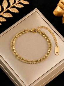 RAYQUEEN 1pc Stainless Steel Double Layer Chain Fashion Bracelet For Women Suitable For Daily Wear - Gold - View 6