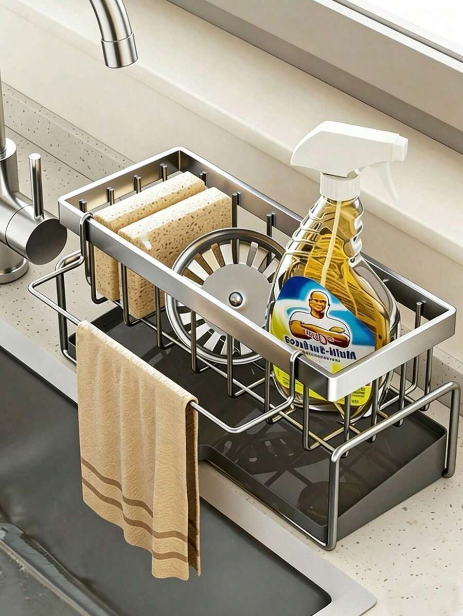 Minimalist Automatic Tilting Drain Tray Sink Organizer, Unisex, Suitable For Home Cooks, Minimalist Kitchen Dish Drying Rack, Can Hold Sponges, Brushes, Soap, Kitchen Essential Home Storage Accessory - Multicolor - View 1
