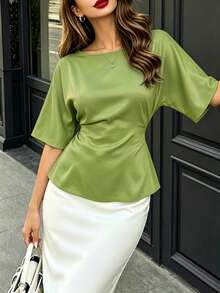 DONICY Women's Green Lace-Up Waist Round Neck Casual Top - Green - View 6