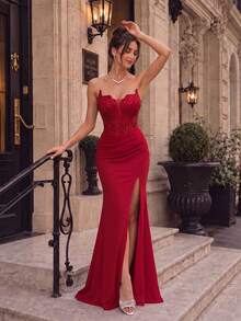 VIPGIRL Luxurious Red Beaded Heart Neckline Mermaid Evening Gown, High Slit Design - Suitable For Formal Balls And Luxury Occasions - Red - View 4