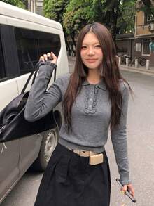 Autumn New Korean Style Square Shoulder Polo Shirt Button Long Sleeve Minimalist Versatile Knit Top - Grey - View 2