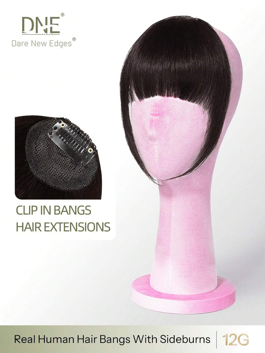 DNE HAIR 100% Human Hair Clip-In Bangs NC# Natural Black, With Sideburns, Real Hair Fake Bangs Extensions, Natural Style, Suitable For Women/Girls Daily Wear - Natural Black - View 1