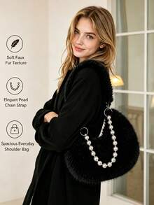 Black Faux Fur Crescent Shoulder Bag For Women, Fluffy Winter Handbag With Beaded Chain, Stylish Versatile Crossbody Bag - Black - View 2