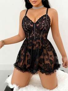 Plus Size Adjustable Strap Floral Lace Slip Nightgown, Sheer Mesh Ruffle Hem, Suitable For Honeymoon And Romantic Bedroom Night Scenes - Black - View 1