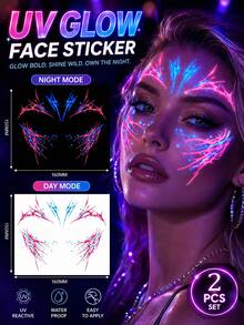 2 miếng dán xăm mặt phát quang UV, xăm mặt tạm thời vệt màu neon hồng xanh, miếng dán mặt phát sáng chống nước bền 2-5 ngày cho lễ hội, rave, cosplay, hộp đêm, tiệc tùng - Nhiều màu - Xem 1