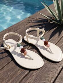 French Summer Style Beaded Design Flat Sandals For Women, Gentle Style Buckle Beach Shoes, Casual Vacation Style Open Toe Sandals - Beige - View 8