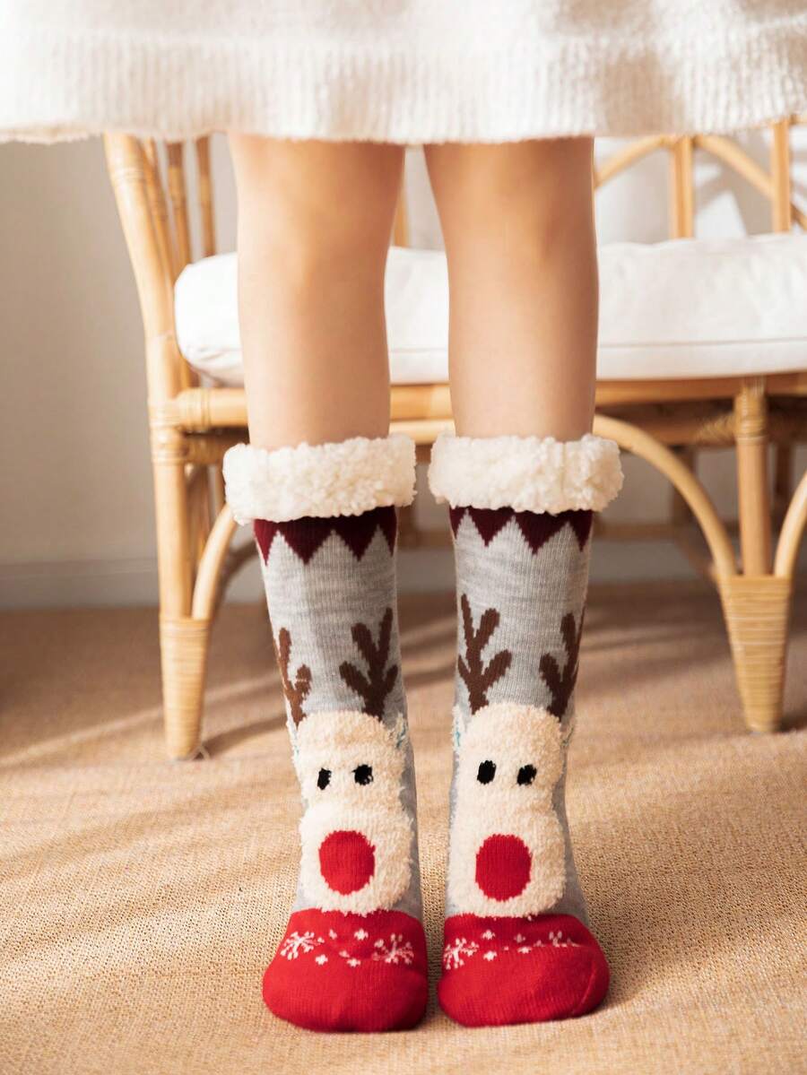 1 Pair Women's Fuzzy Socks, Thick Fleece Mid-Calf Socks, Autumn/Winter Christmas Gift For Women - Light Grey - View 1