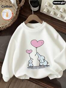 Kids Crew Neck Sweatshirt,Cartoon Elephant Heart Balloon Graphic Print Cotton Pullover For Kids - White - View 3