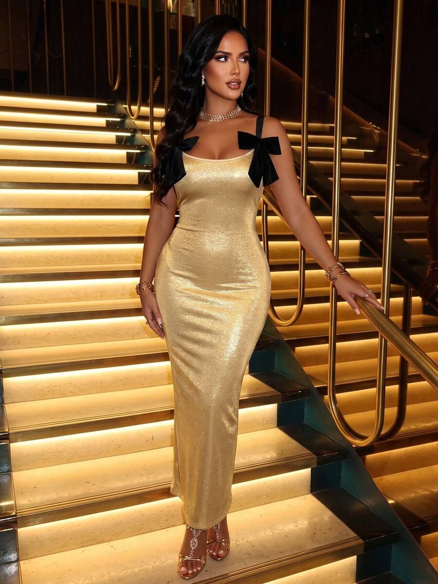 AIJ Women's Luxury Gold Strap Long Dress, Black Bow Sleeveless Backless Slit Bodycon Dress, Elegant Sexy Autumn Wedding Guest Party Banquet Outfit Summer - Gold - View 1