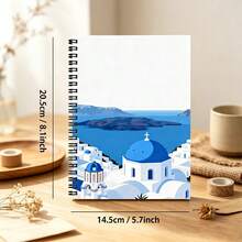 1pc Santorini Island Architecture Pattern Spiral Notebook, Fresh And Healing Student Check-In Memo Notebook, Perfect For Office, School Or As A Gift For Friends And Family, Teacher Appreciation Gift, Daily Planner, Back To School Essential - A - View 2