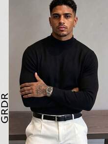 GRDR Men's Autumn/Winter Solid Color Half-High Neck Long Sleeve Sweater - Black - View 7