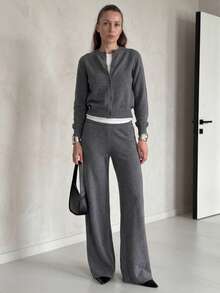 Basic Minimalist Fashion Women's Grey Wool Sweater Set, Including Button-Front Cardigan And Comfortable Wide-Leg Pants, Autumn Outfit Choice - Grey - View 3