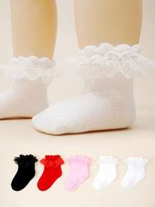1/3/5 Pairs Baby Socks, Lace Trim Short Socks, Children's Socks, Suitable For All Seasons Daily Wear - Multicolor - View 13