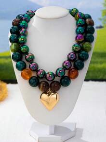 OABE 2pcs/Set Kalung Berlapis Manik-Manik Bulat Berwarna Gelap Gaya Bohemian dengan Liontin Hati Emas, Cocok untuk Pemakaian Sehari-hari Wanita - MultiWarna - View 7