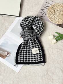 Women Houndstooth Knit Scarf, Soft Thick Warm Label Decor Long Scarf For Autumn Winter Daily Wear - Small Grid Label Black - View 2