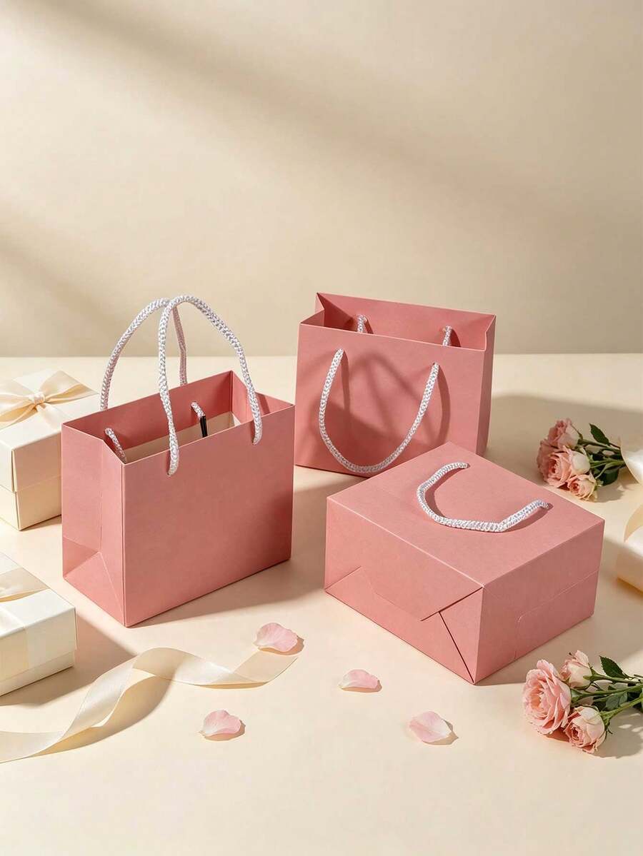Tas Kado Kertas Pink dengan Gagang Tali Kepang Putih, Tas Kemasan Hadiah yang Dapat Digunakan Kembali untuk Ulang Tahun Pernikahan Pesta Hari Raya Pemberian Hadiah - View 1