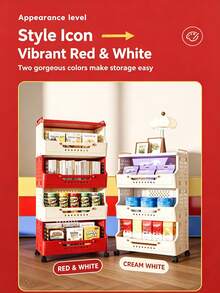 1pc Dopamine Red & White Color Block Rolling Cart Storage Rack, Multi-Layer Living Room Sundries & Snacks Organizer, Highly Attractive Foldable Storage Cabinet - Multicolor - View 3