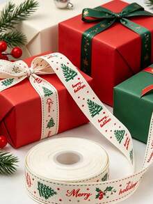 1pc "Merry Christmas" Themed Decorative Ribbon-Featuring Patterns Of Christmas Trees, Red Berries, And Stars; Suitable For Gift Wrapping, Decorating Cakes And Bouquets, Wreath Making, New Year's Parties, Christmas Dinners, And More. - One Size Fits All - View 2