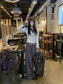 New Plaid Patchwork 2 In 1 Layering Base Top Women's Autumn Niche Slim Fit Polo Long Sleeve T-Shirt - Khaki - View 5