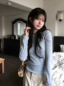 Women's Boat Neck Striped Colorblock Long Sleeve Slim Fit T-Shirt - Multicolor - View 3