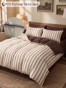2/3pcs Brown Striped Print Duvet Cover Set, Bedding Set, Comfortable & Breathable, Lightweight, Anti-Pilling/Machine Washable, Room Decor, Bedroom Decor, Dorm Bedding, Suitable For All Seasons, Fits Single/Double/Queen/King Size Bed, Autumn Home Decor, No Filling, Home Decor - Multicolor - View 5