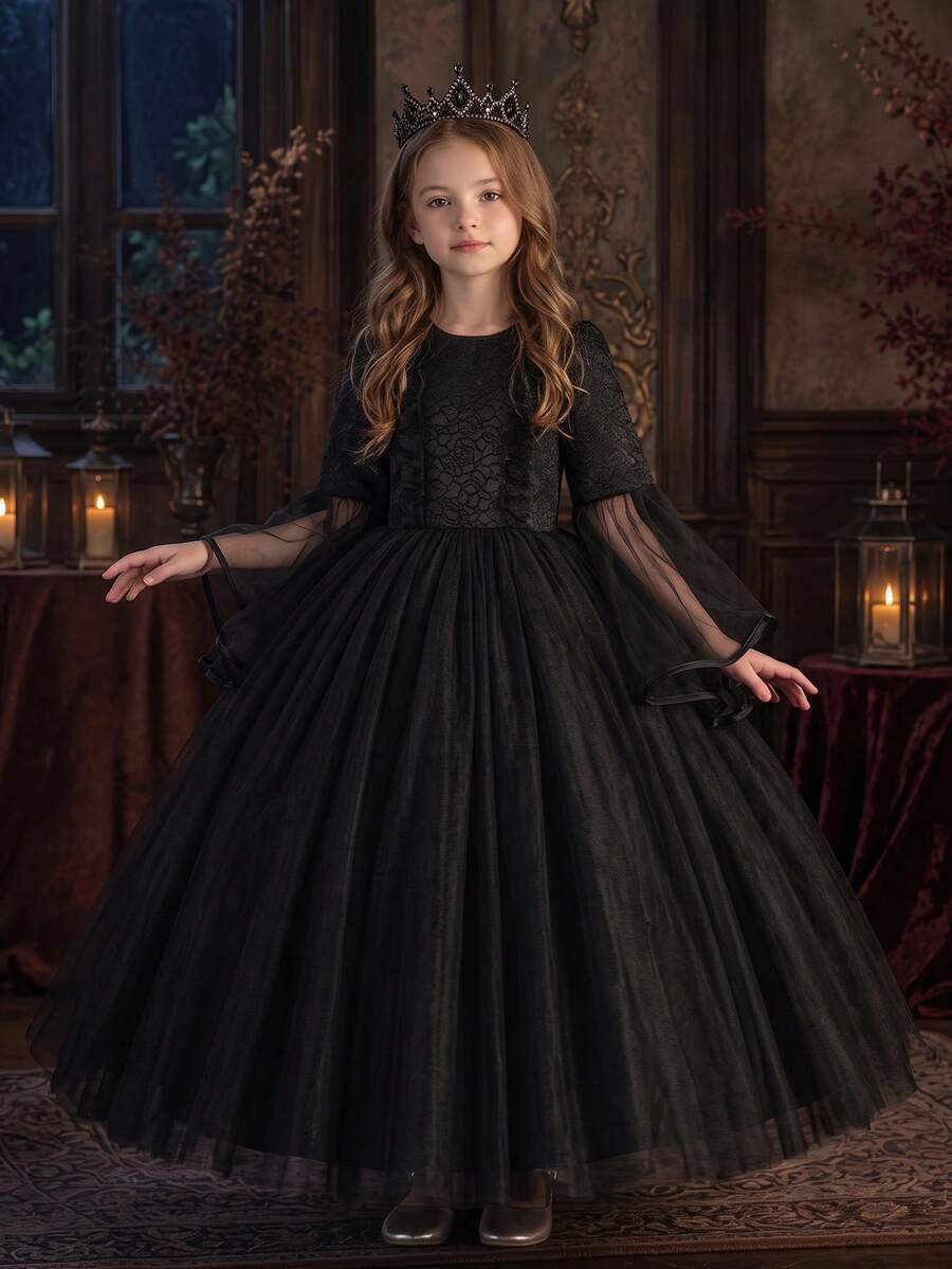 Tween Girls Black Long Sleeve Lace Performance Dress, Puffy Birthday Party Long Princess Gown, Tulle Skirt