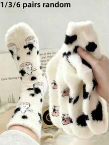 1/3/6 Pairs Cute Cow Socks, Polka Dot Socks, Dinosaur Socks, Printed Fleece Mid-Calf Socks, Women's Mid-Calf Socks, Halloween Gift - Multicolor - View 11