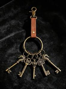 Halloween Medieval Renaissance Style Keychain, Antique Bronze Skull Key & Seahorse Pendant With PU Leather Cord, Vintage Nostalgic Bag Charm Key Ring Decorative Accessory - G45 - View 5